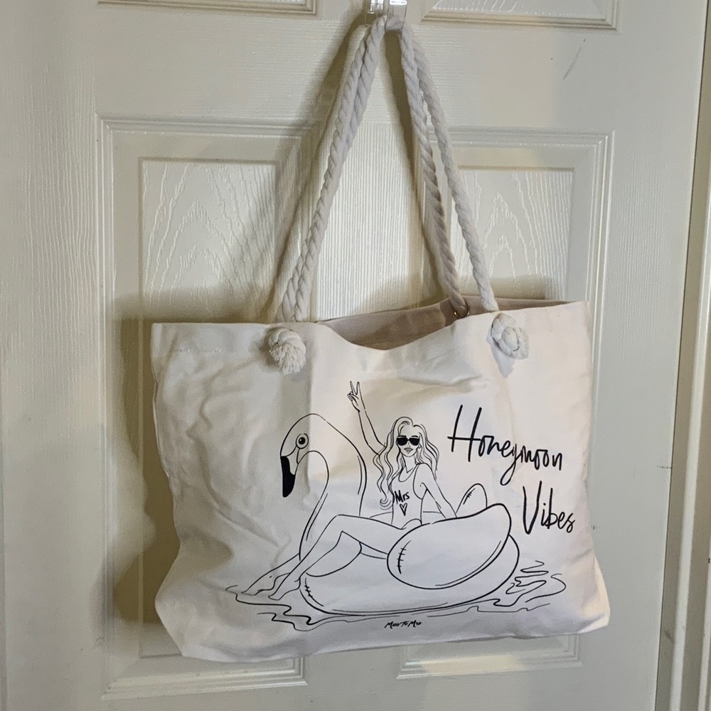 White Canvas Tote Bag with Honeymoon Vibes Design New never used